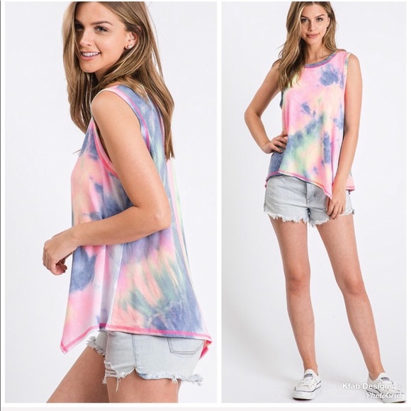 LAST! Pink/Blue Tie Dye Asymmetric Hem Top! - Picture 6 of 8